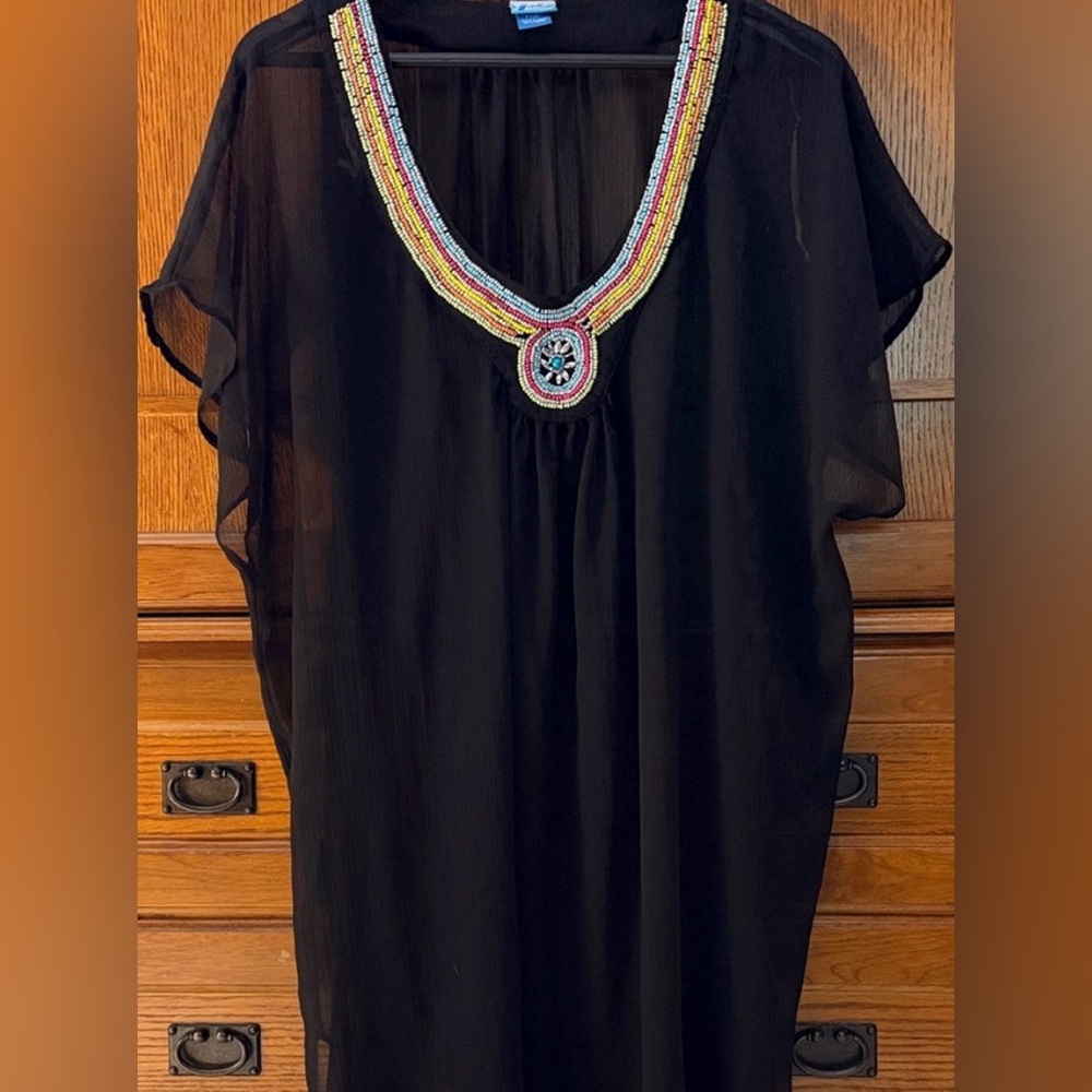 Soaked Beaded Neckline Sheer Swim Coverup Caftan Tunic Beach Pool Vacation Boho